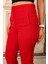 Yüksek Bel Pensli Bilek Boy Toparlayıcı %70 Pamuk % 30 Polyester Likralı Kırmızı Pantolon 3