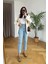 Leo Kadın Yüksek Bel Mavi Kar Yıkama Likralı Mom Jeans Pantolon 1