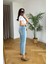 Leo Kadın Yüksek Bel Mavi Kar Yıkama Likralı Mom Jeans Pantolon 2