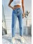 Asit Yıkamalı Kadın Yüksek Bel Mom Fit Mavi Jean Pantolon 3