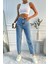 Asit Yıkamalı Kadın Yüksek Bel Mom Fit Mavi Jean Pantolon 4