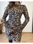 Kadın Uzun Kollu Kayık Yaka Leopar Baskılı Mini Elbise 1