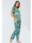 3355 Petrol Kadın Yapraklı Kısa Kollu Gömlek Yaka Pijama Takım 2