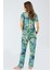 3355 Petrol Kadın Yapraklı Kısa Kollu Gömlek Yaka Pijama Takım 3