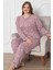 Kadın Gülkurusu Çiçek Desenli Patlı Düğmeli Bisiklet Yaka Büyük Beden Pijama Takımı EDY2786B-GK 1