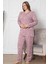 Kadın Gülkurusu Çiçek Desenli Patlı Düğmeli Bisiklet Yaka Büyük Beden Pijama Takımı EDY2786B-GK 2