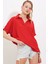 Kırmızı Oversize Polo Yaka Örme Bluz 0486 2