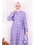 Mor Desenli Eteği Katlı Viscon Elbise 3