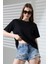 Pamuk Ribana Kumaş Bisiklet Yaka Kısa Kol Oversize Basic Düz Kadın T-Shirt 21964 Siyah 3