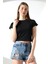 Soft Touch Bisiklet Yaka Kısa Kollu Crop Kesim Basic Düz Kadın T-Shirt 21974 Siyah 1