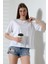 Pamuk Ribana Kumaş Bisiklet Yaka Kısa Kol Oversize Basic Düz Kadın T-Shirt 21964 Beyaz 3