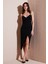 Slim Fit V Yaka Drape Detaylı Yırtmaçlı Midi Boy Elbise Bayan Elbise 6789961 2