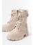 842-03 Bej Bağcıklı Kalın Tabanlı Bağcıklı Fermuarlı Günlük Kadın Bot 4