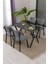 Elma Modeli Masa Sandalye Takımı, 4 Sandalye 1 Sabit Siyah Mermer Desen Masa 110 x 70 cm , Keten Kumaş 1