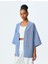 V Yaka Cep Detaylı Oversize Çizgili Kruvaze Kimono 3