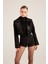 Yakası Saten Detaylı Camila Crop Blazer Ceket Siyah 2