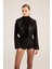 Yakası Saten Detaylı Camila Crop Blazer Ceket Siyah 4