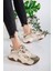 Kadın Yüksek Taban Sneaker Bağcıklı Spor Ayakkabı - Bej-Yeşil 3