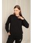Kadın Siyah Bisiklet Yaka Düşük Kol Oversize Üç İplik Şardonsuz Basic Sweat Sweatshirt 1