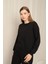 Kadın Siyah Bisiklet Yaka Düşük Kol Oversize Üç İplik Şardonsuz Basic Sweat Sweatshirt 3
