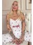 Kırmızı Kalp Baskılı Ip Askılı Örme Kadın Pijama Takımı 1