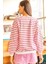 Kadın Kırmızı Çizgili Bisiklet Yaka Oversize Üç Iplik Basic Sweat Sweatshirt 4
