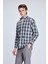Gri Slim Fit Kareli Düğmeli Yaka Uzun Kollu Pamuklu Gömlek 3