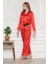 1202 Kadın Saten Uzun Kollu Gömlek Pijama TakımKırmızı 3