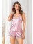 300 Kadın Saten Ip Askılı Şortlu Pijama TakımPembe 1