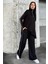 Siyah Asimetrik Kesim, Fermuarlı Bluz & Bol Paça Pantolon - Viskon Iki Iplik Kumaş Alt & Üst Takım 1