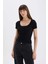 Slim Fit Dar Kesim Yuvarlak Yaka Basic Düz Fitilli Kaşkorse Kısa Kollu Siyah Tişört E5781AX25SP 3