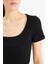 Slim Fit Dar Kesim Bisiklet Yaka Basic Düz Fitilli Kaşkorse Kısa Kollu Siyah Tişört F0684AX25SP 5