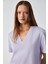 Alıne Kadın Organik Pamuk Derin V Yakalı Comfort Fit Lila T-Shirt 4