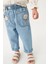 Kız Çocuk Denim Mavi Çiçek Nakışlı Kot Pantolon 1