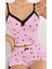 Kadın Pembe Kalp Desenli Askılı Şortlu Pijama Takım 2