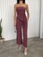 Kadın Mürdüm Rengi Straplez Ön Büzgülü Bluz Salaş Rahat Pantolon Ikili Takım 2