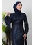 Saten Detay Kalem Elbise Lacivert 5