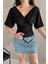 V Yaka Sırtı Çapraz Bantlı Fitilli Siyah Kadın Bluz 2