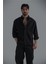 Erkek Keten Basic Oversize Gömlek Siyah 3