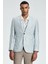 İpek-Yün Karışım Ekose Desen Orta Mavi Blazer Ceket 2