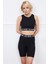 Yüksek Bel Fitilli Tayt Crop Büstiyer Toparlayıcı Kadın Alt Üst Takım Siyah 2