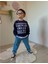Lacivert, Baskılı Sweatshirt, Kot Pantolonlu Erkek Çocuk Takım 1