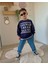 Lacivert, Baskılı Sweatshirt, Kot Pantolonlu Erkek Çocuk Takım 2