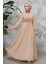 Drape Detaylı Bej Tesettür Abiye Elbise 4448BEJ 1
