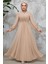 Drape Detaylı Bej Tesettür Abiye Elbise 4448BEJ 2