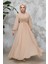 Drape Detaylı Bej Tesettür Abiye Elbise 4448BEJ 3