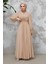 Drape Detaylı Bej Tesettür Abiye Elbise 4448BEJ 4