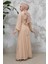 Drape Detaylı Bej Tesettür Abiye Elbise 4448BEJ 5