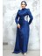 Drape Detaylı Lacivert Tesettür Abiye Elbise 4919L 3