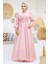 Tokalı Kemerli Pembe Tesettür Abiye Elbise 45295P 1